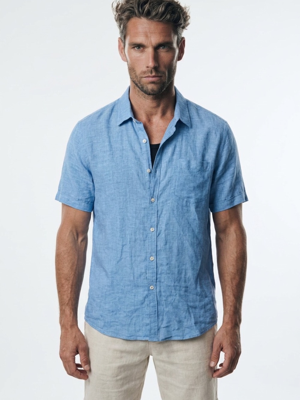 ZACHARY PRELL | Light Blue Short-Sleeve 100% Linen Shirt Men’s Size X-Large